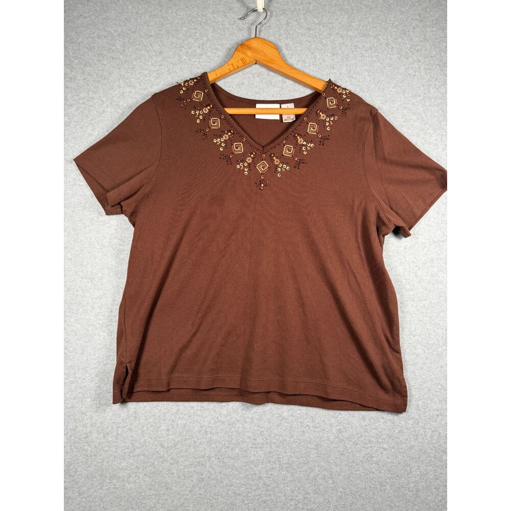 Alfred Dunner Womens Large Brown Beaded Embroidered V Neck Top 3879